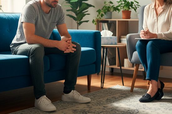 Мужчина общается с психотерапевтом